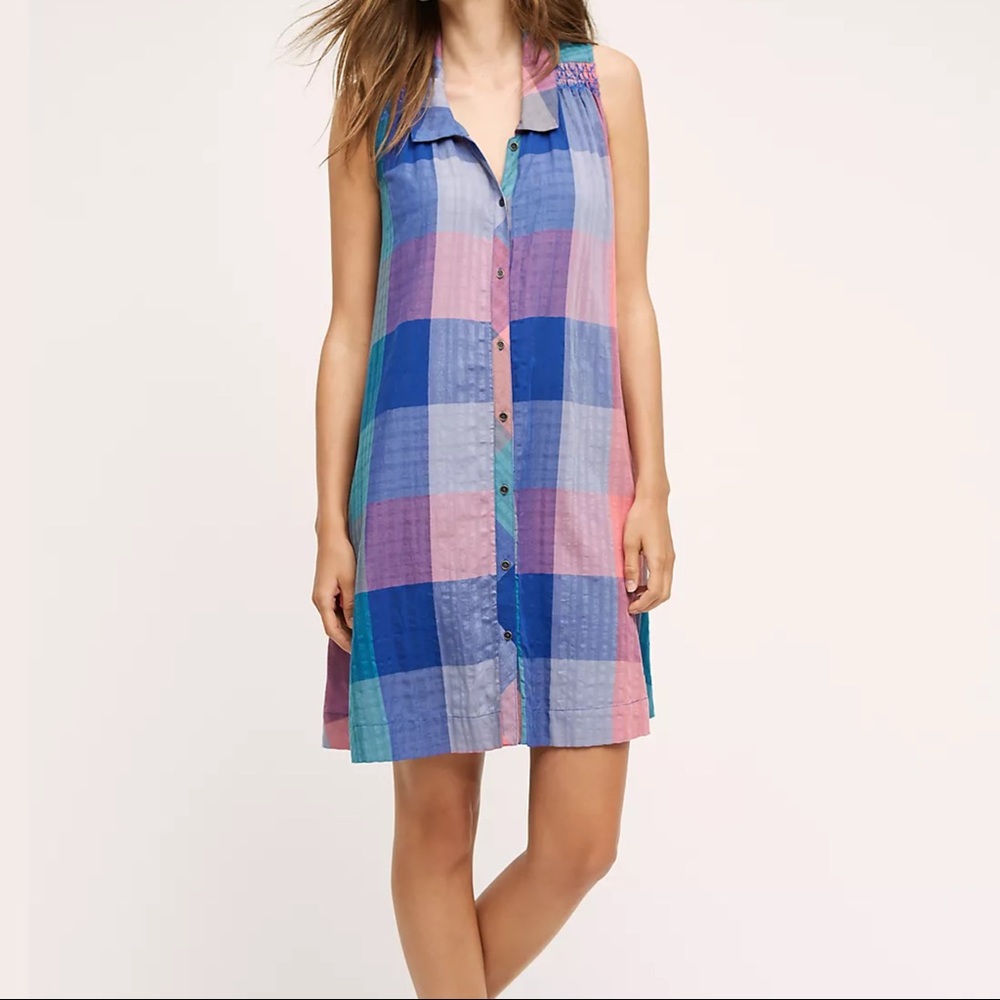 Anthropologie Ronan Plaid Shirt Dress Blue Pink Purple | Size Small